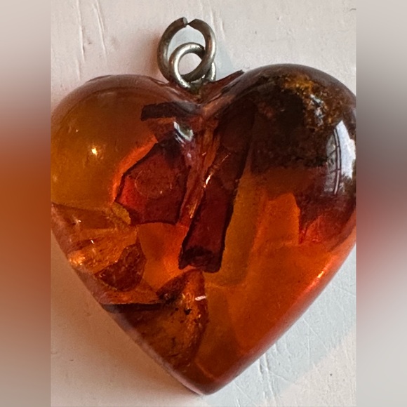 Amber Puffed Heart with Sterling Silver Cognac Color Pendant/Charm - Picture 2 of 3